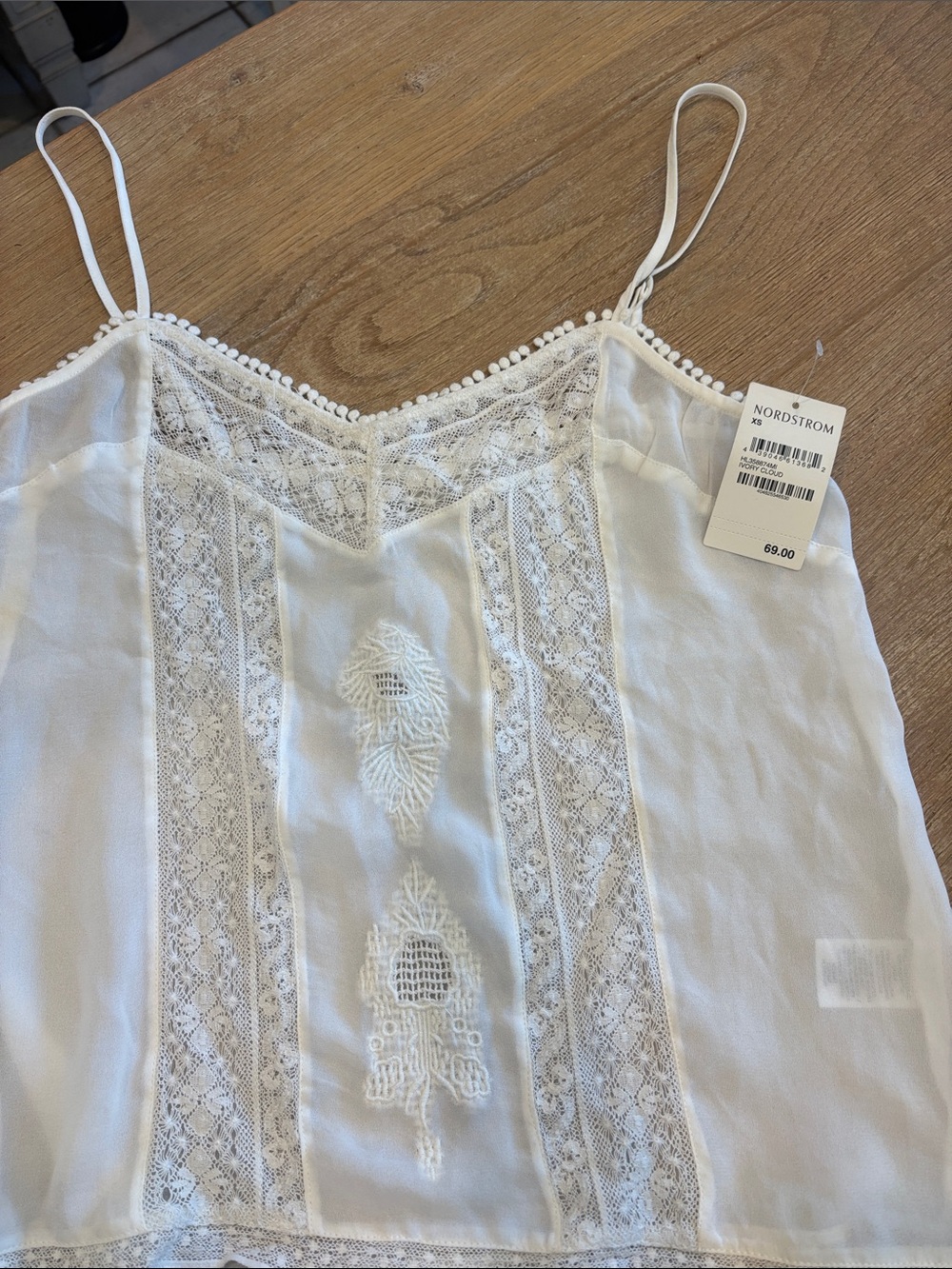 Hinge - Nordstrom- Ivory Lace-Trim Embroidered Camisole - XS- NWT